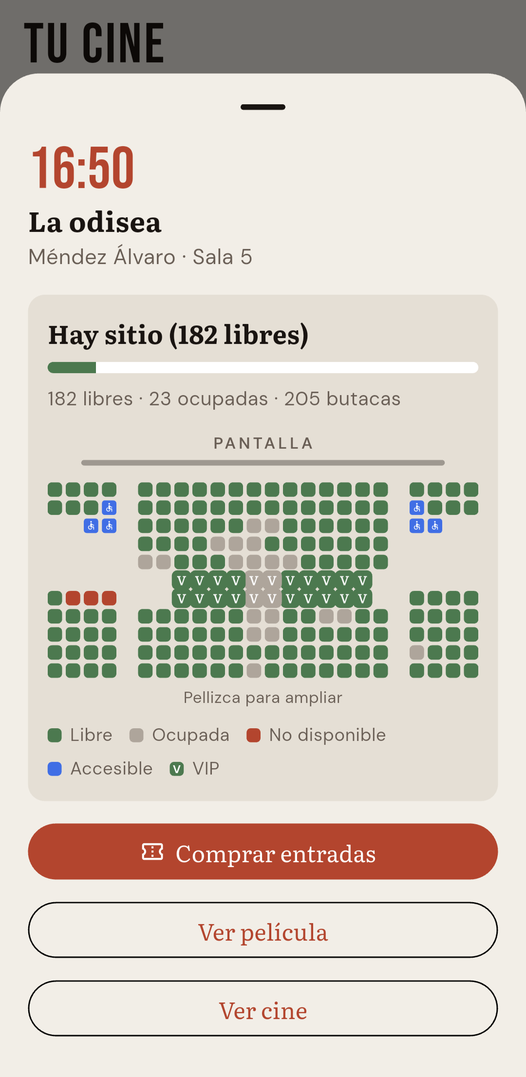 Ocupación en vivo y plano de butacas de una sesión